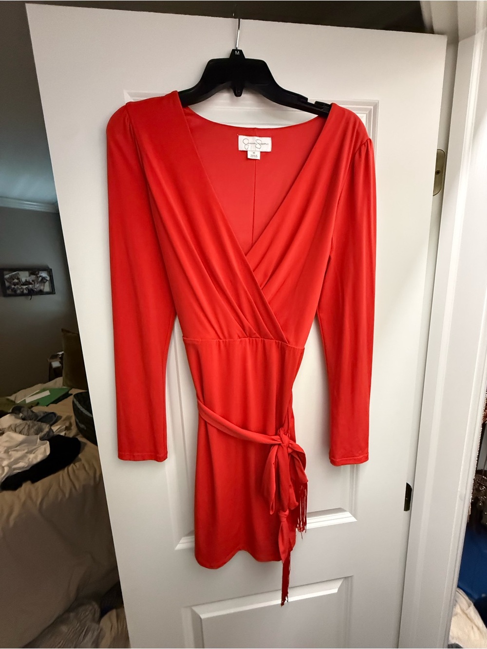 Orange-Red Wrap Dress with Tie Waist